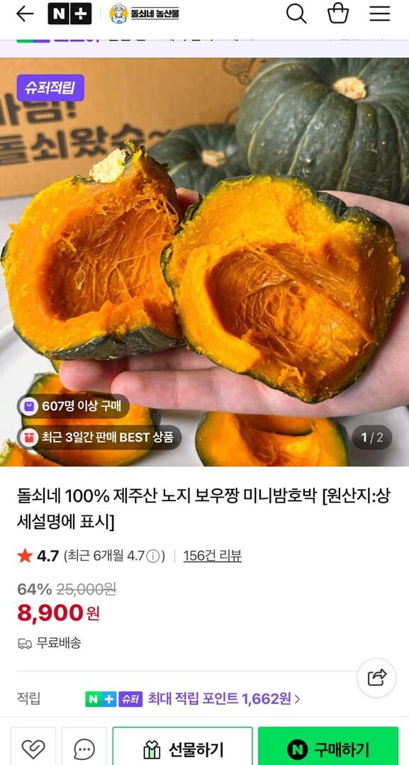 돌쇠네 100% 제주산 노지 보우짱 미니밤호박 1.5kg (8,900원/무료)