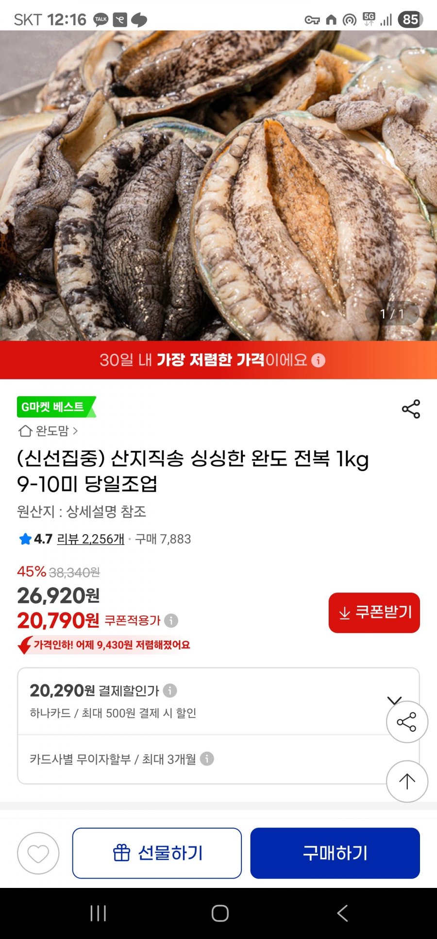 완도 전복 1kg 9-10미 (20,290/무배)