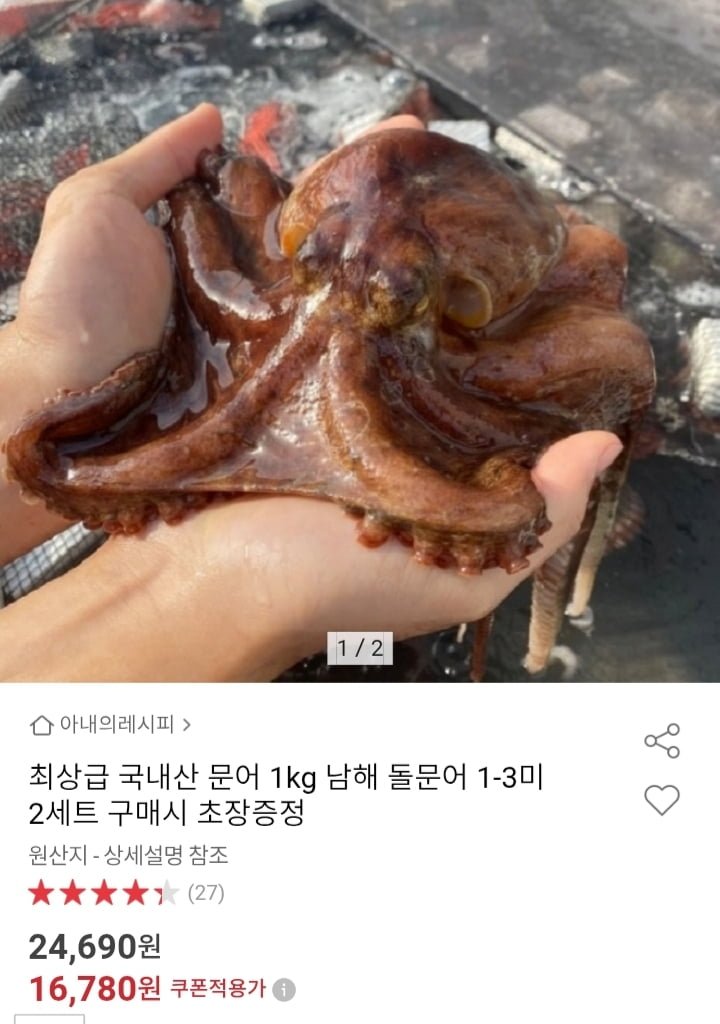 국내산 남해 돌문어 1kg 1-3미 (16,780원/무배)