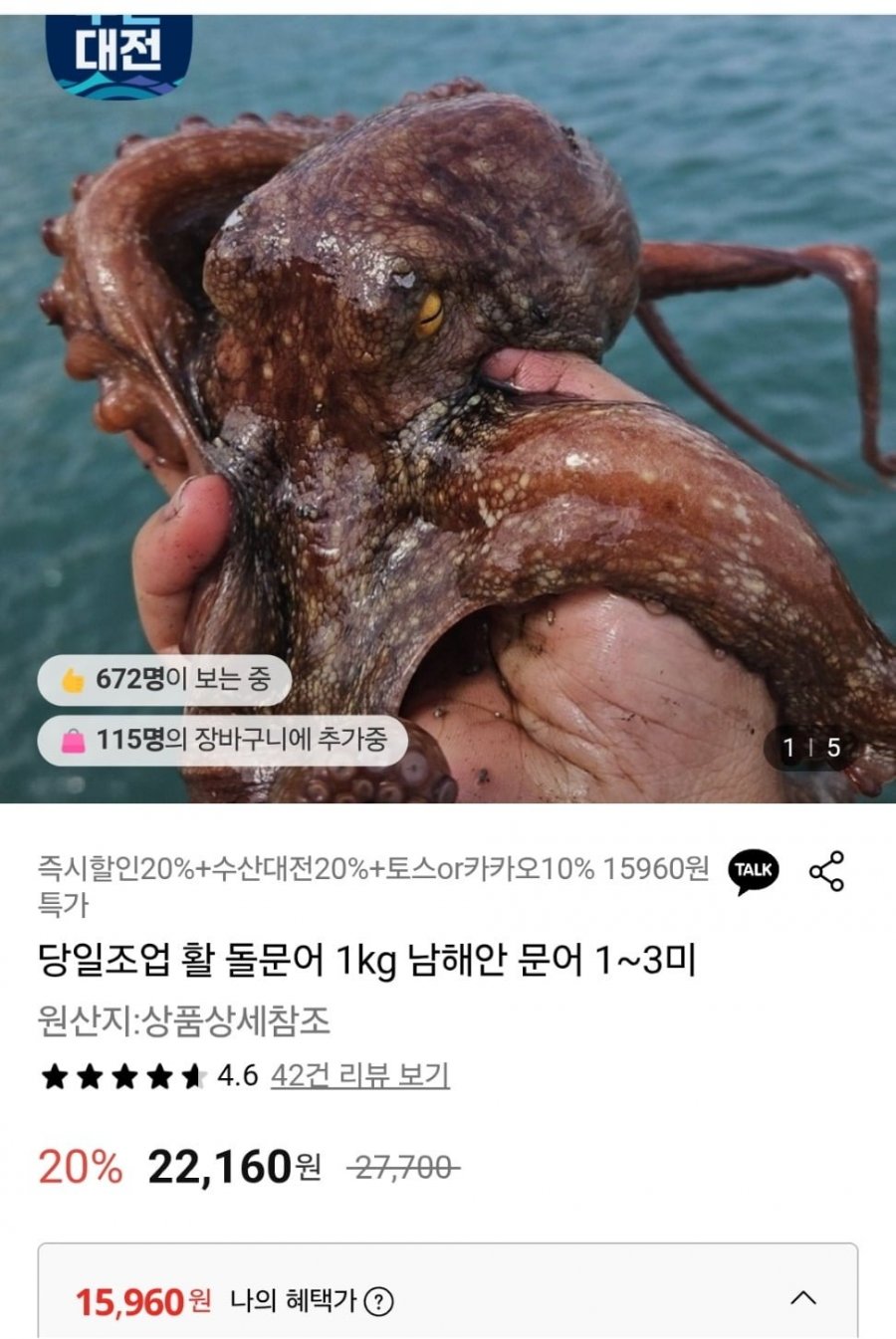 당일조업 활 돌문어 1kg 1~3미 (15,960원/무배)