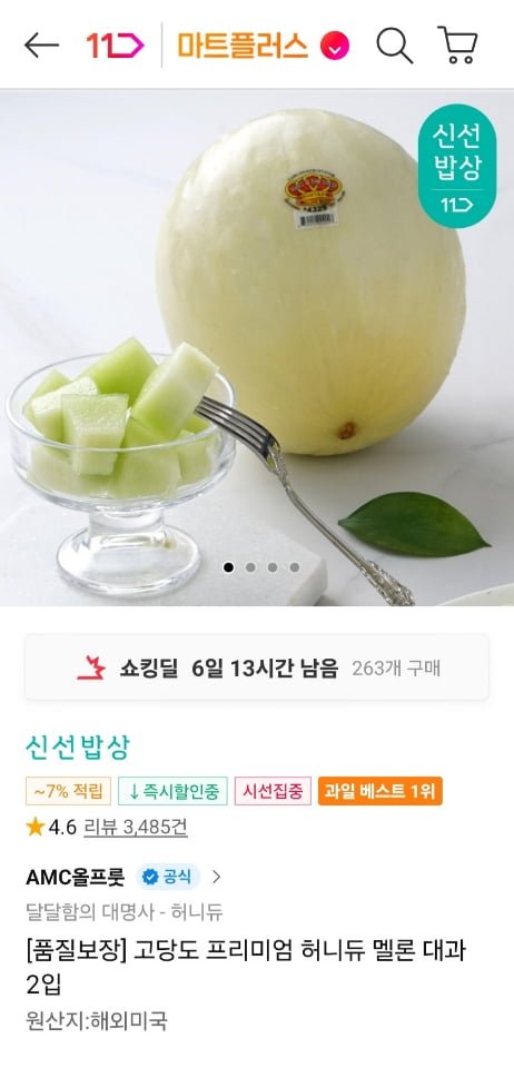 고당도 프리미엄 허니듀 멜론 대과 2입 (15,660원/무료)