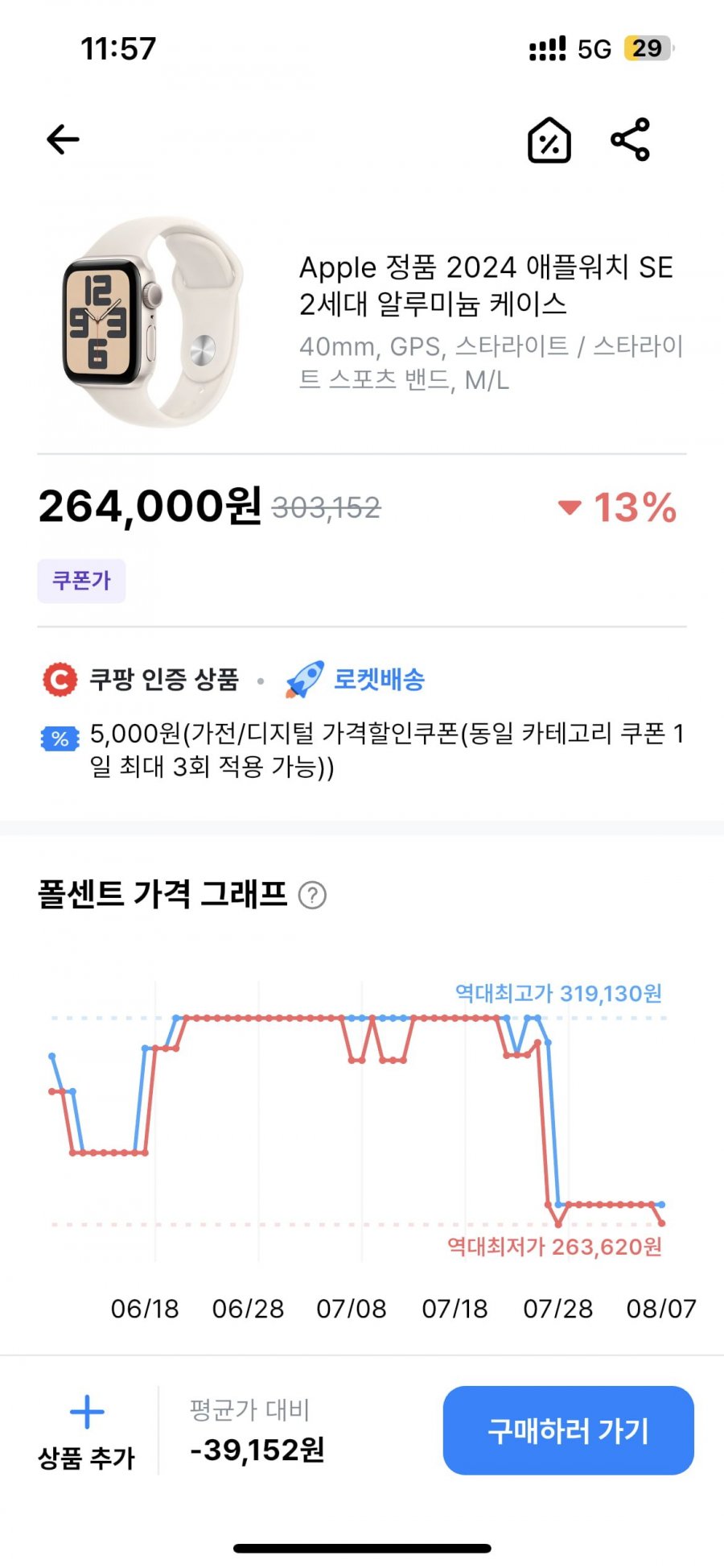 애플워치se 40mm (264,000원/무료)