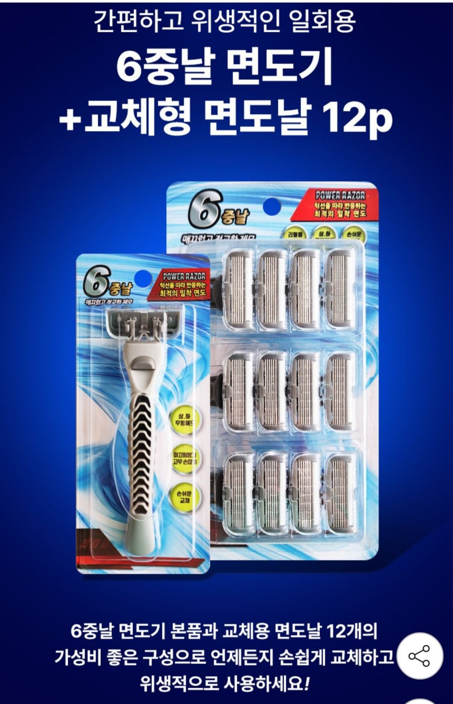 파워레이저 6중날 면도기 본품+교체용 면도날 12p (7,900원/무료)
