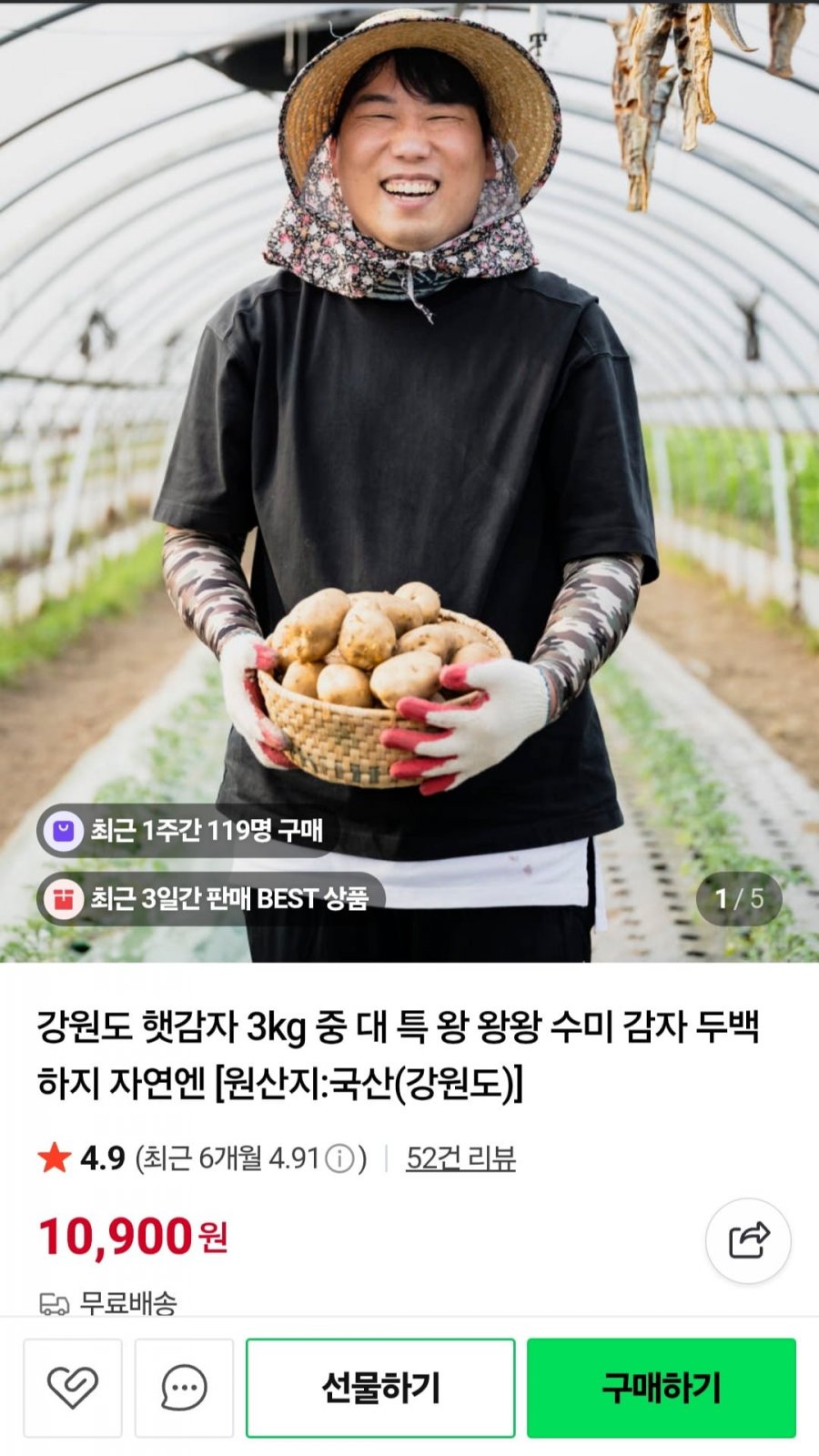 강원도 햇감자 3kg 왕사이즈 (10,900원/무료)