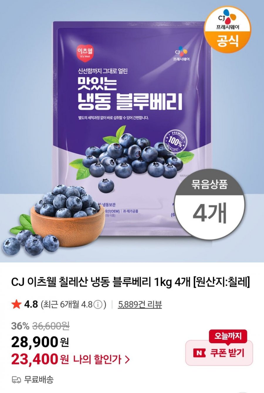 CJ이츠웰 칠레산 냉동 블루베리 1kg 4개 (23,400원/무배)