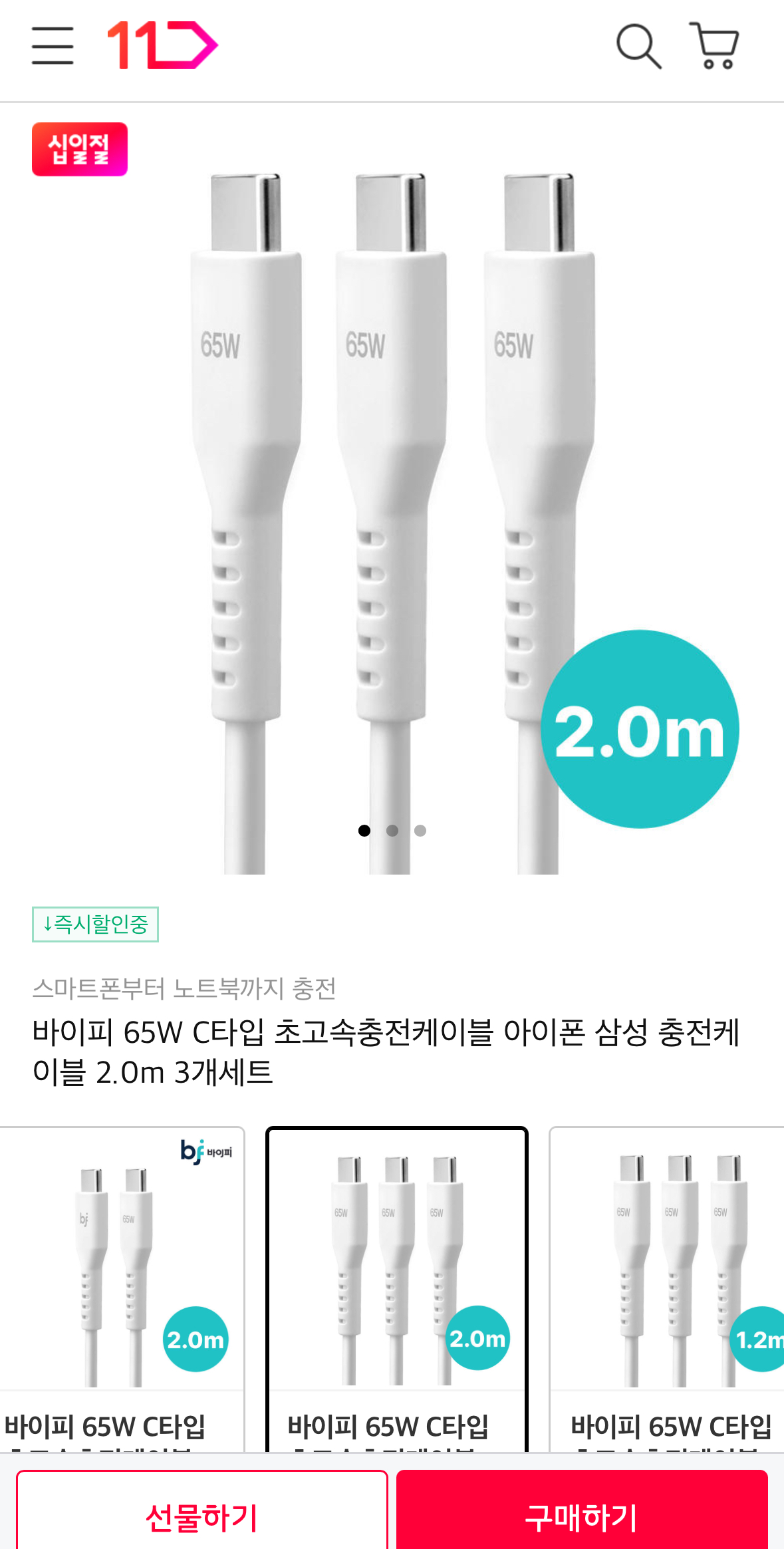바이피 65W C타입 초고속충전케이블 아이폰 삼성 2.0m 3개