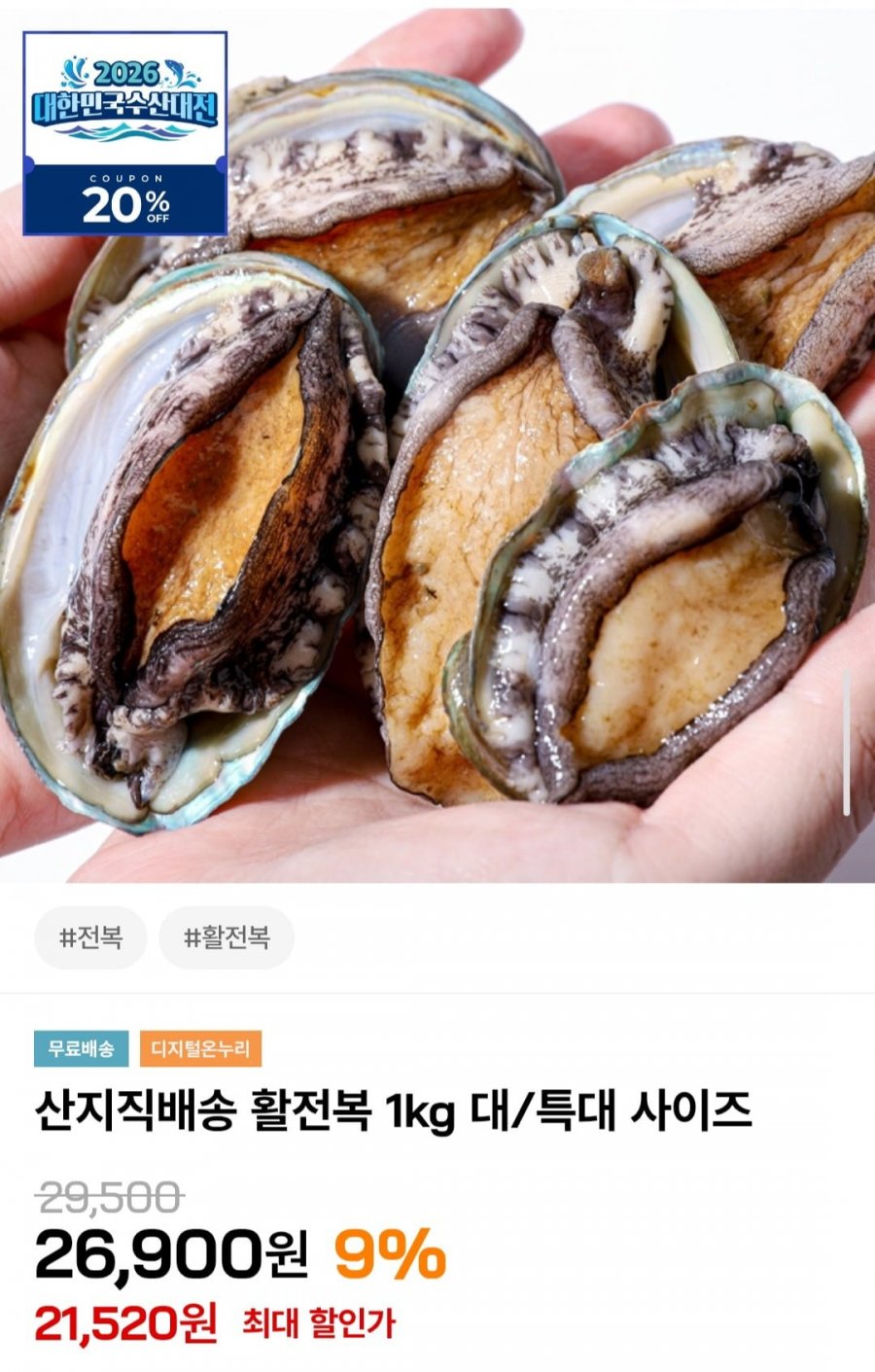 활전복 1kg 대사이즈 (21,520원/무료)