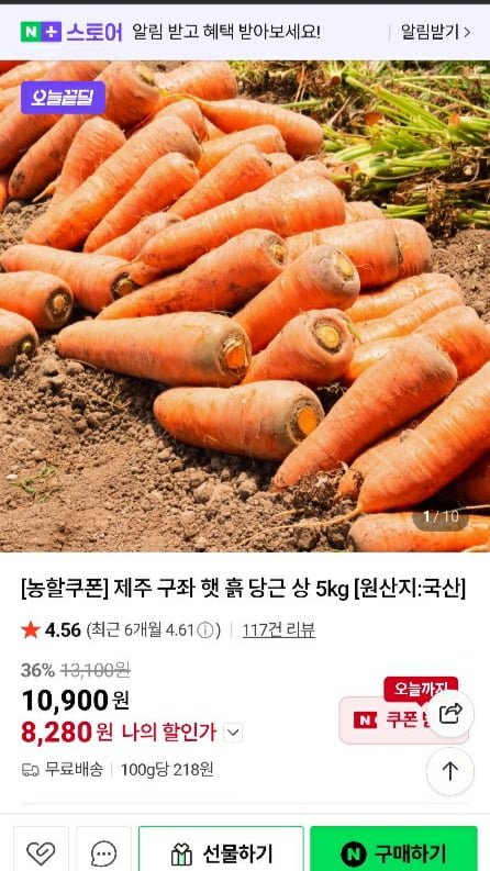 제주 구좌 흙당근 상 5kg (8,280원/무료)