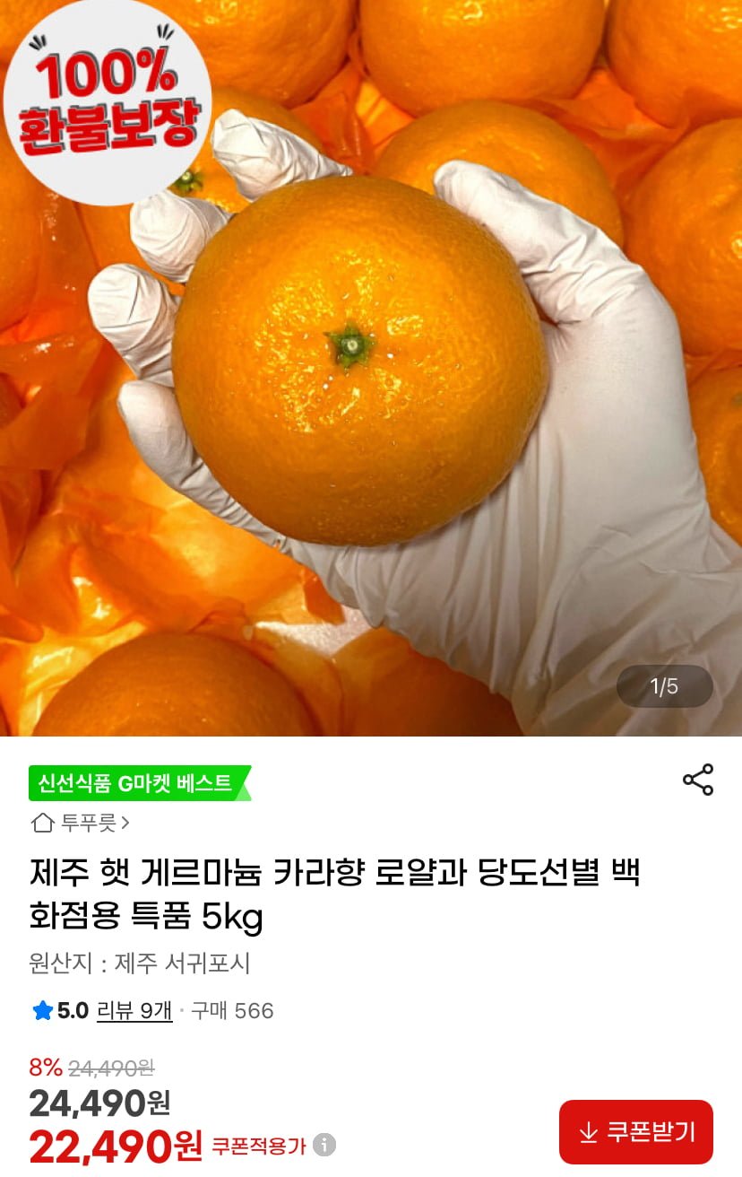 제주 게르마늄 카라향 로얄과 특품 5kg (22,490원/무료)