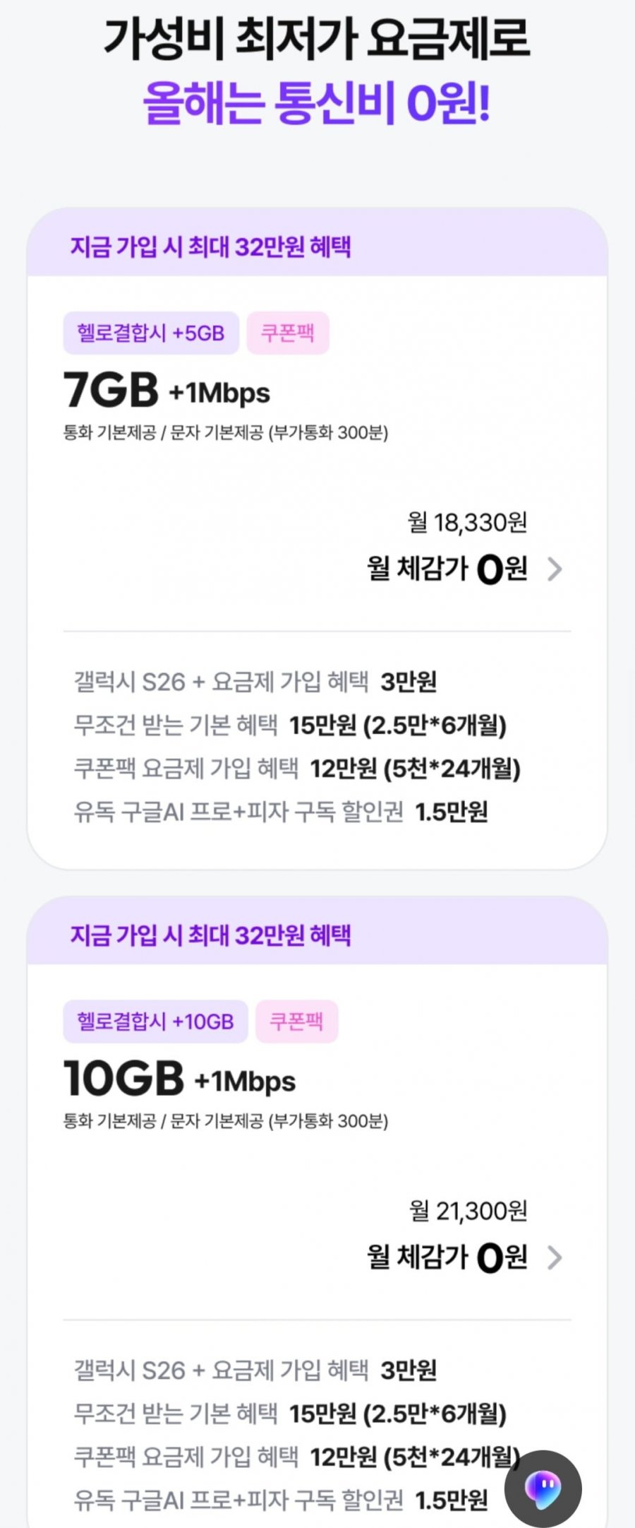 7gb 1mbps 통화문자기본 알뜰요금제 +매달 신세계상품권2.5만원+쿠폰팩5천원(18,330원/무료)