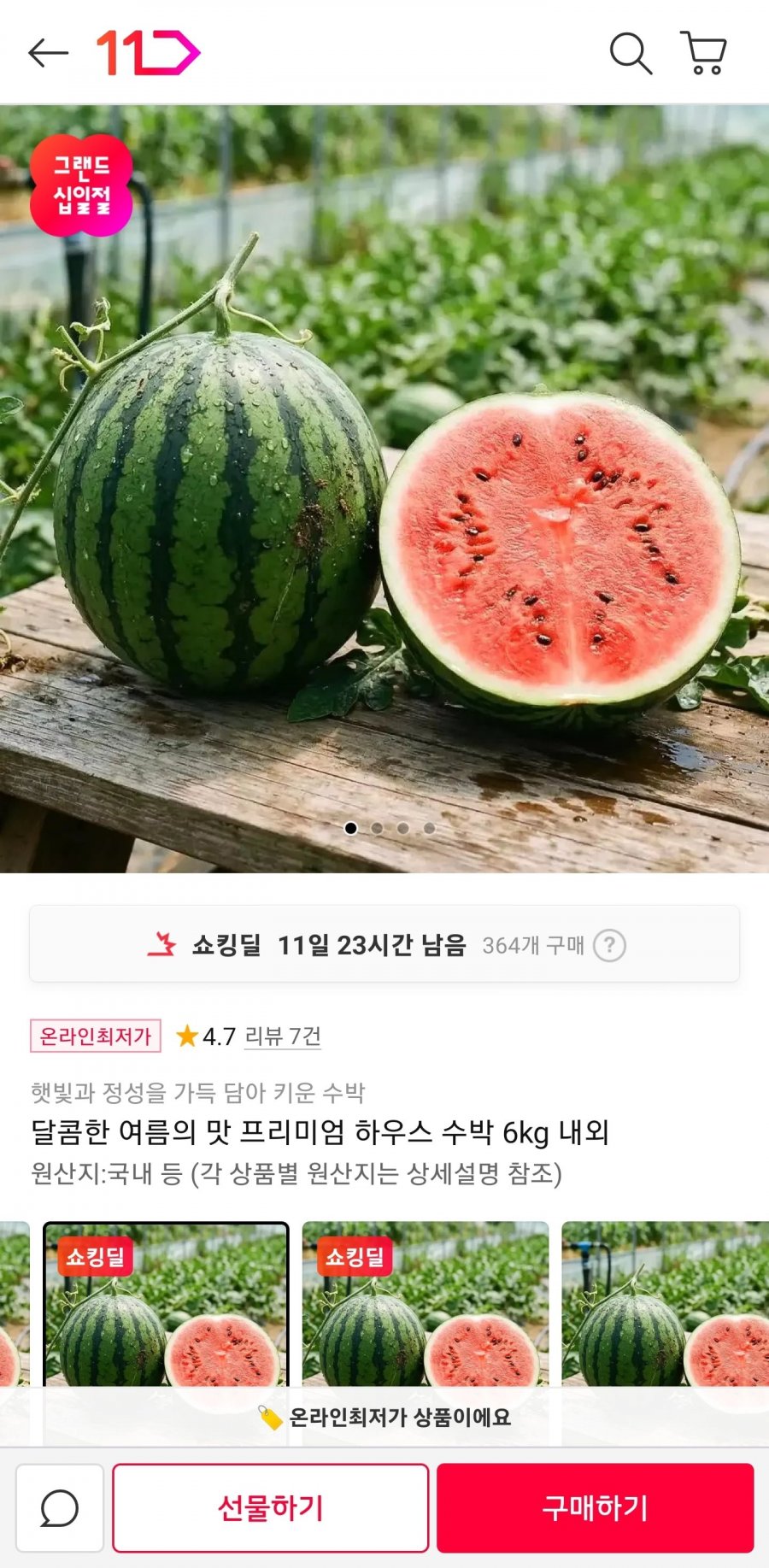 프리미엄 하우스 수박 6kg (17,930원/무료)