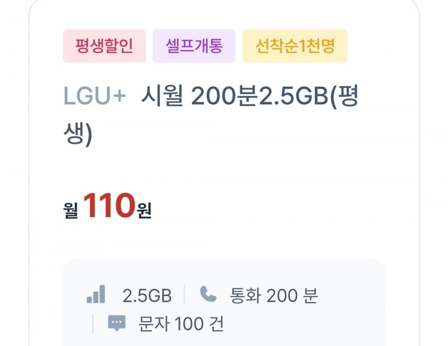 통화 200분, 데이터 2.5GB(110원/평생)