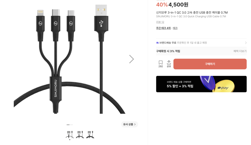신지모루 고속 충전 케이블 ~3,500원