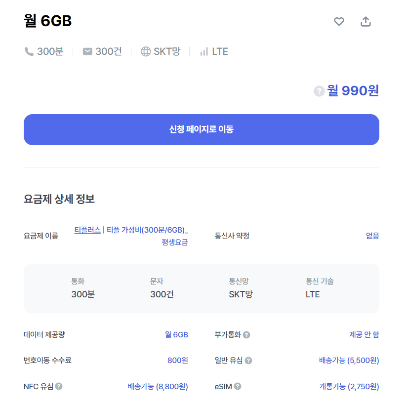 티플러스 300분/ 6GB (SKT)