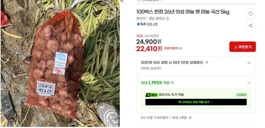 국내산 햇마늘 5kg (22,410원/무배)