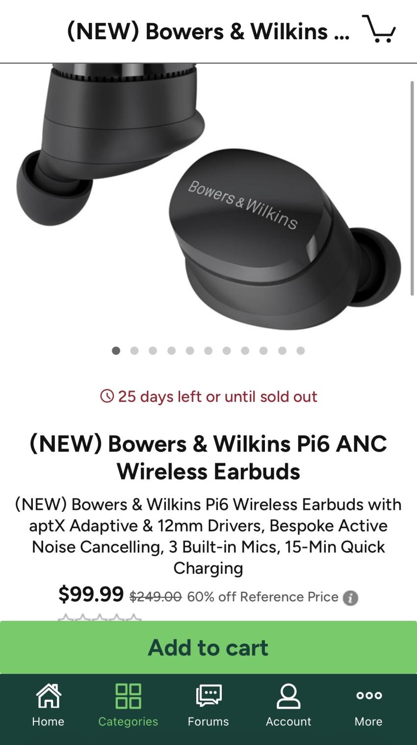 B&W Pi6 $99.99 (+$6, 아마존 프라임 회원은 무료)