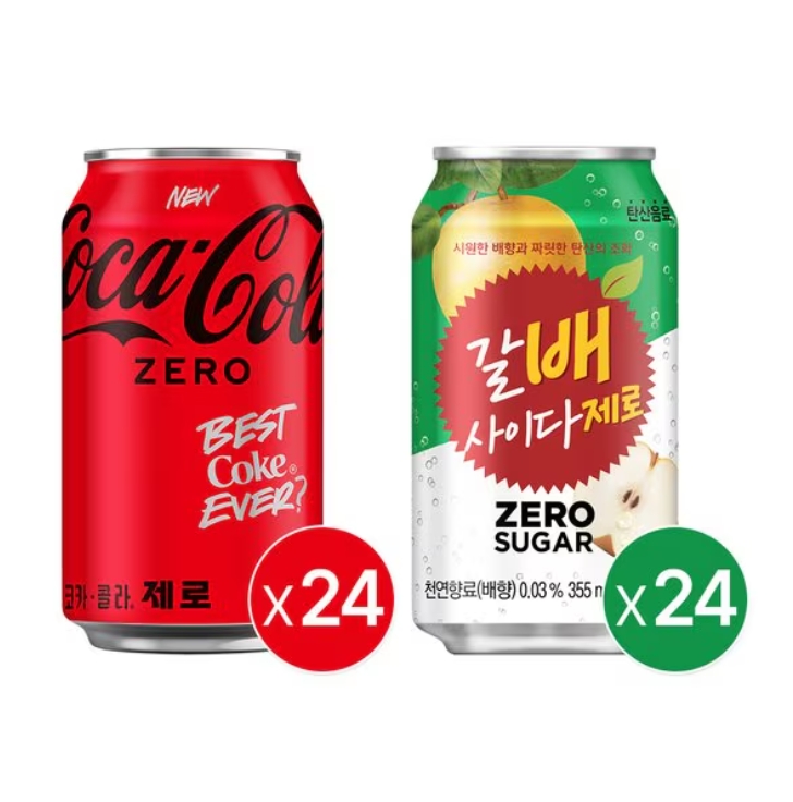 코카콜라제로 350ml 24+갈배사이다제로 355ml 24개 24,804원