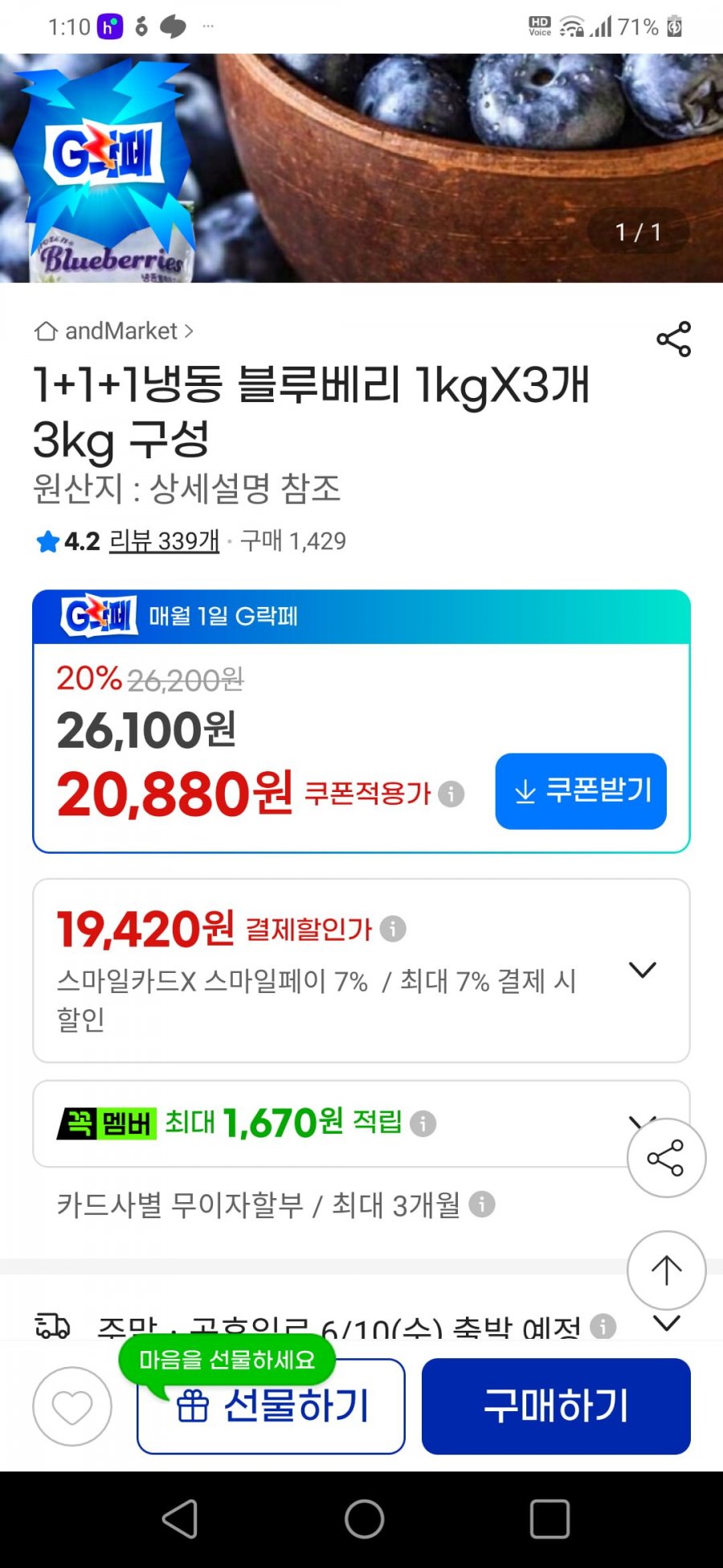 냉동블루베리1kg 3개 (20880/무료)