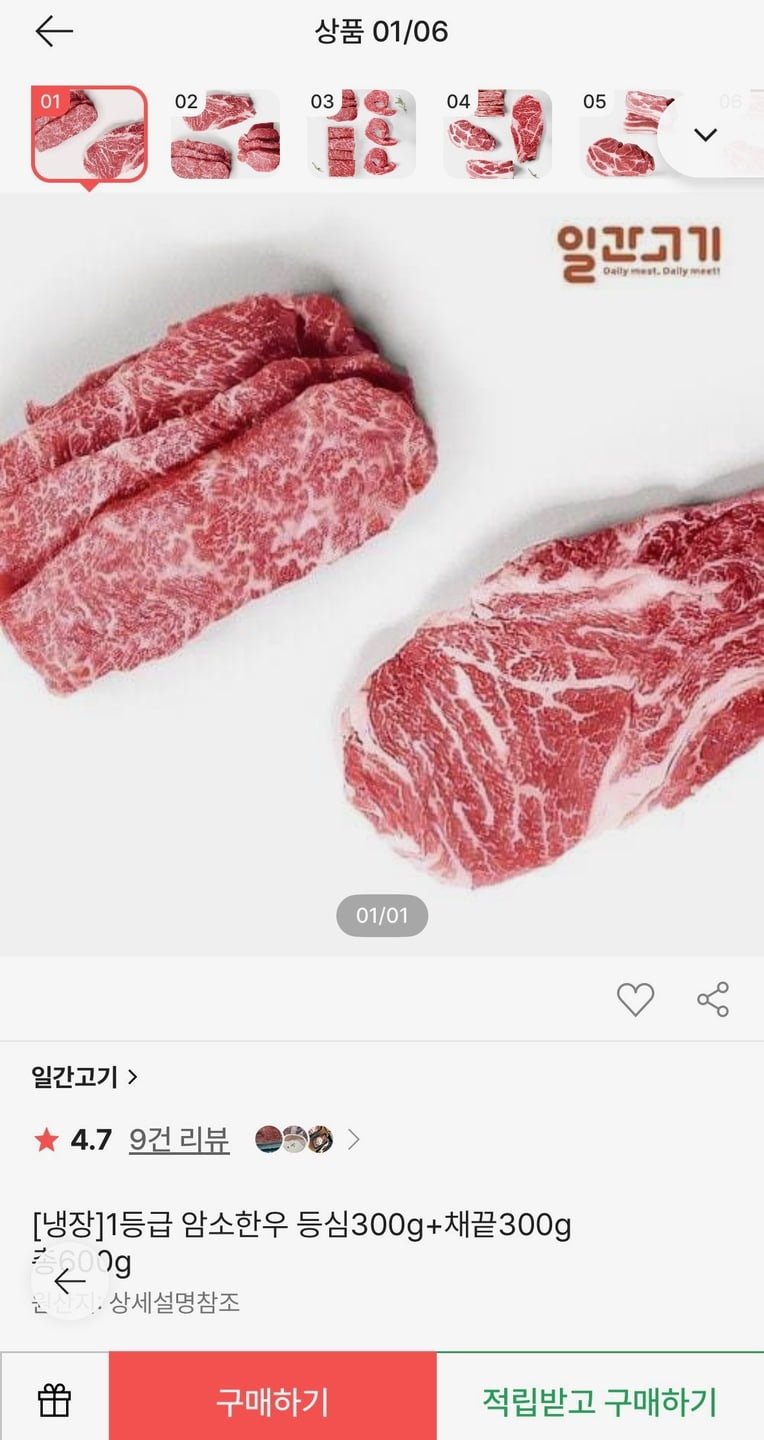 1등급 암소한우 등심300g+채끝300g 총600g (44,010원/무료)