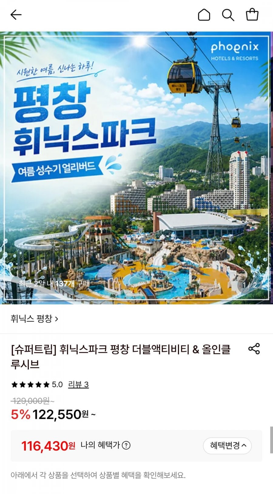 평창 휘닉스파크 워터파크 더블액티비티 스탠다드 2인pkg (116,430원/무료)