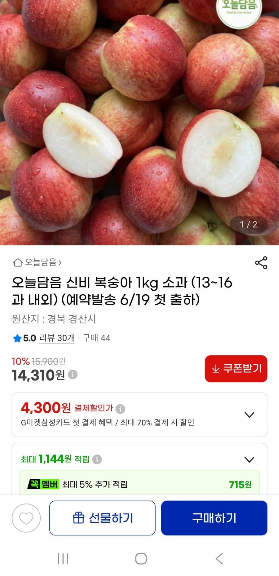 신비 복숭아 1kg 소과 13~16과 6/19 예약발송(14,310원 /무배)