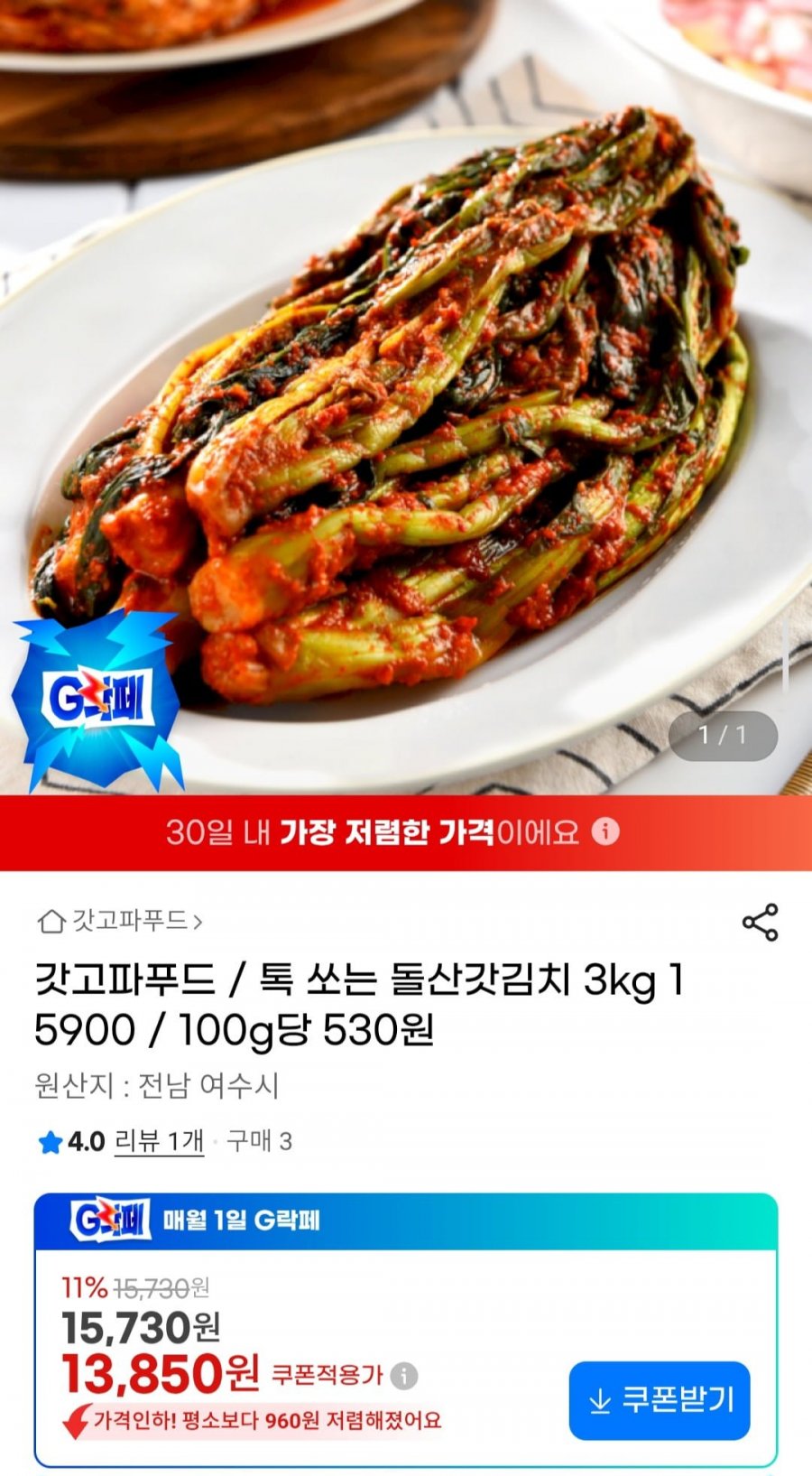 돌산갓김치 3kg (13,850원/무료)