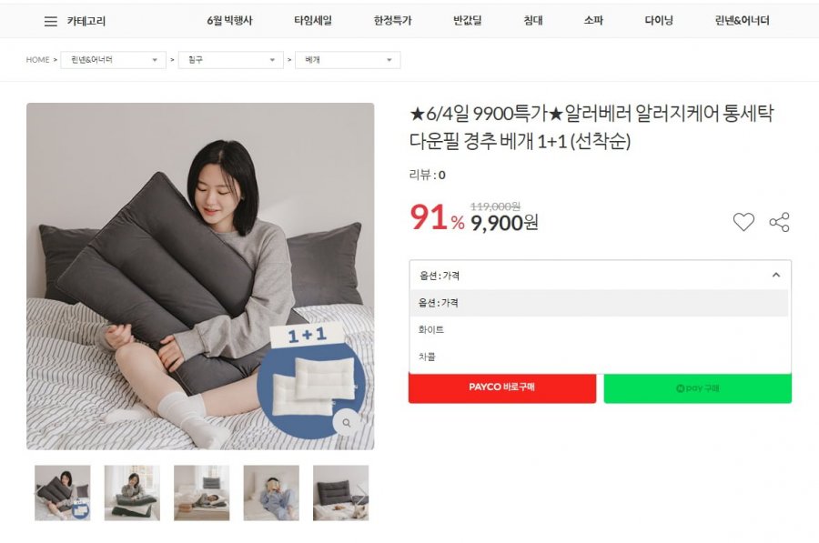 6/4일 9900특가알러베러 알러지케어 통세탁 다운필 경추 베개 1+1 (선착순) (9,900원/무배)