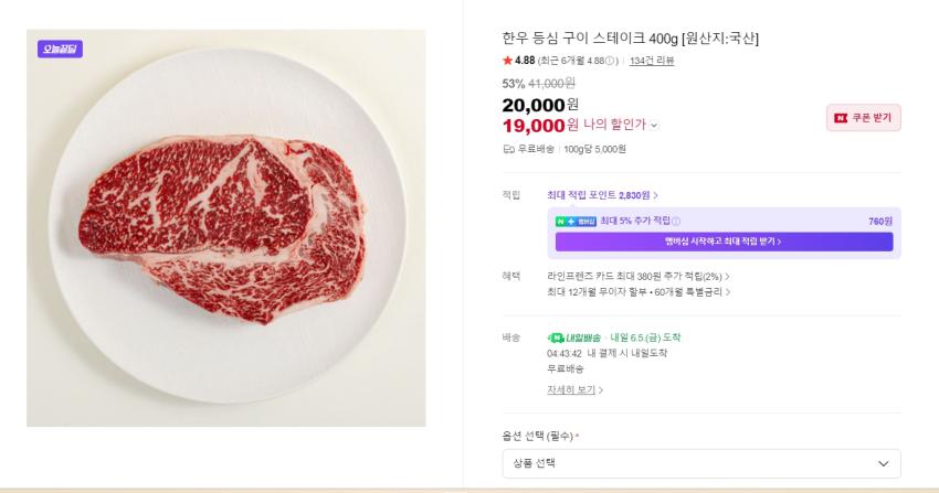 한우 등심 구이 스테이크 400g 19,000원