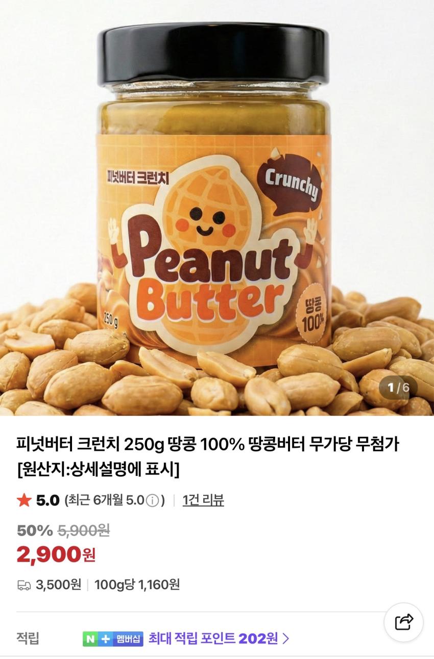 피넛버터 크런치 250g 땅콩 100% 무가당 땅콩버터 2,900원