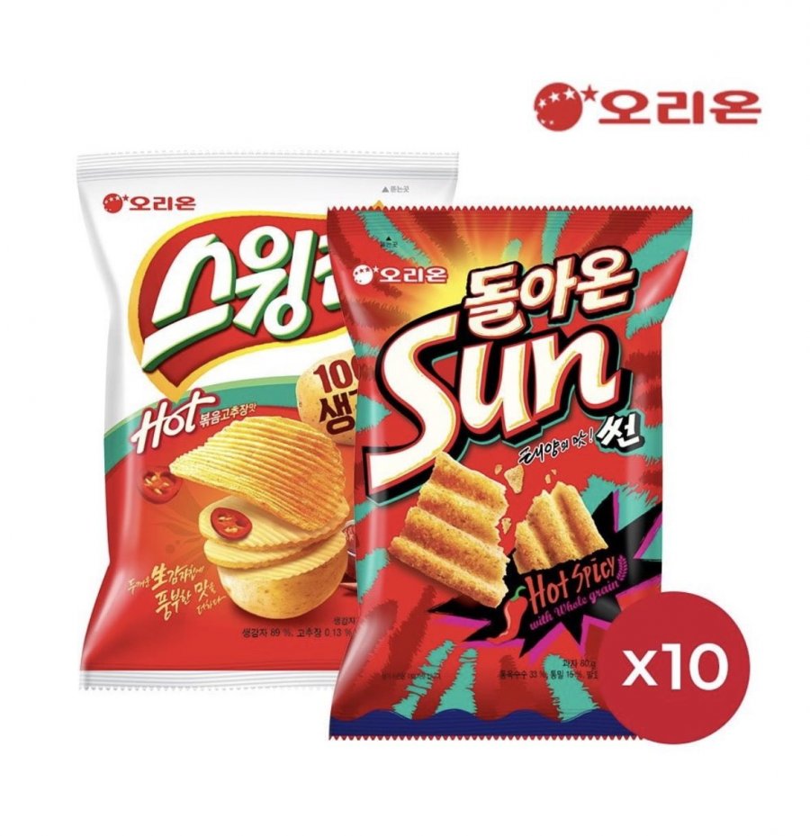 오리온 스윙칩 볶음고추장(60g)10개 + 썬 핫 스파이시맛(80g)10개 (카카오 18,500원/무료)
