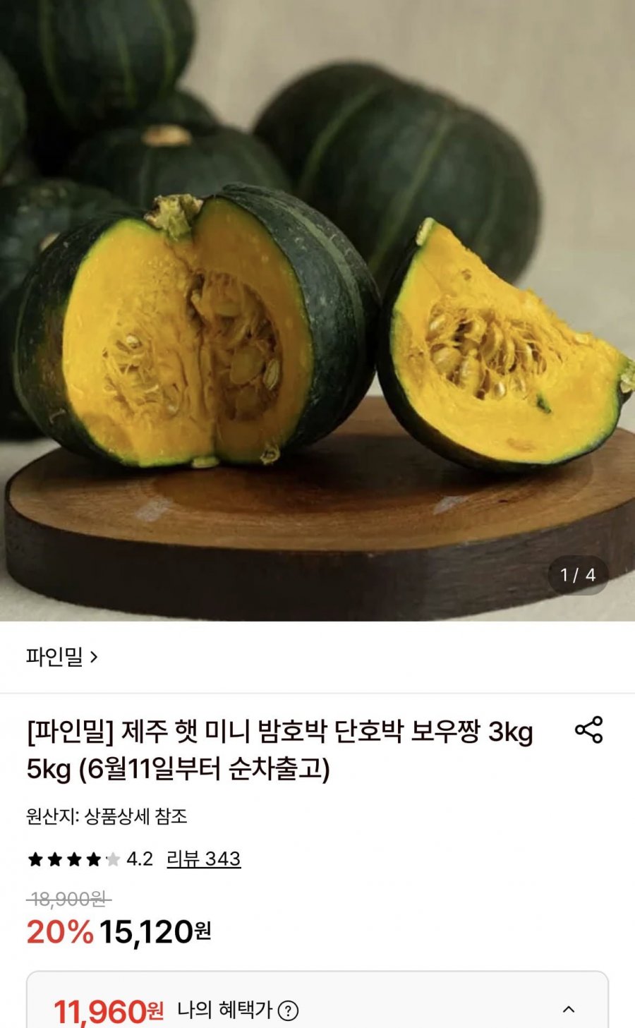 제주 햇 미니 단호박 3kg (11,960원/무료)