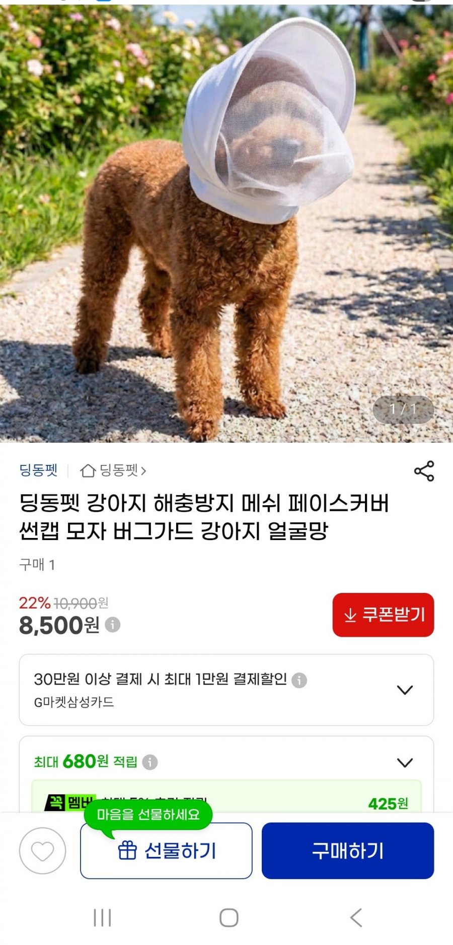 강아지 해충방지 메쉬 페이스커버 썬캡(8,500원/무배)
