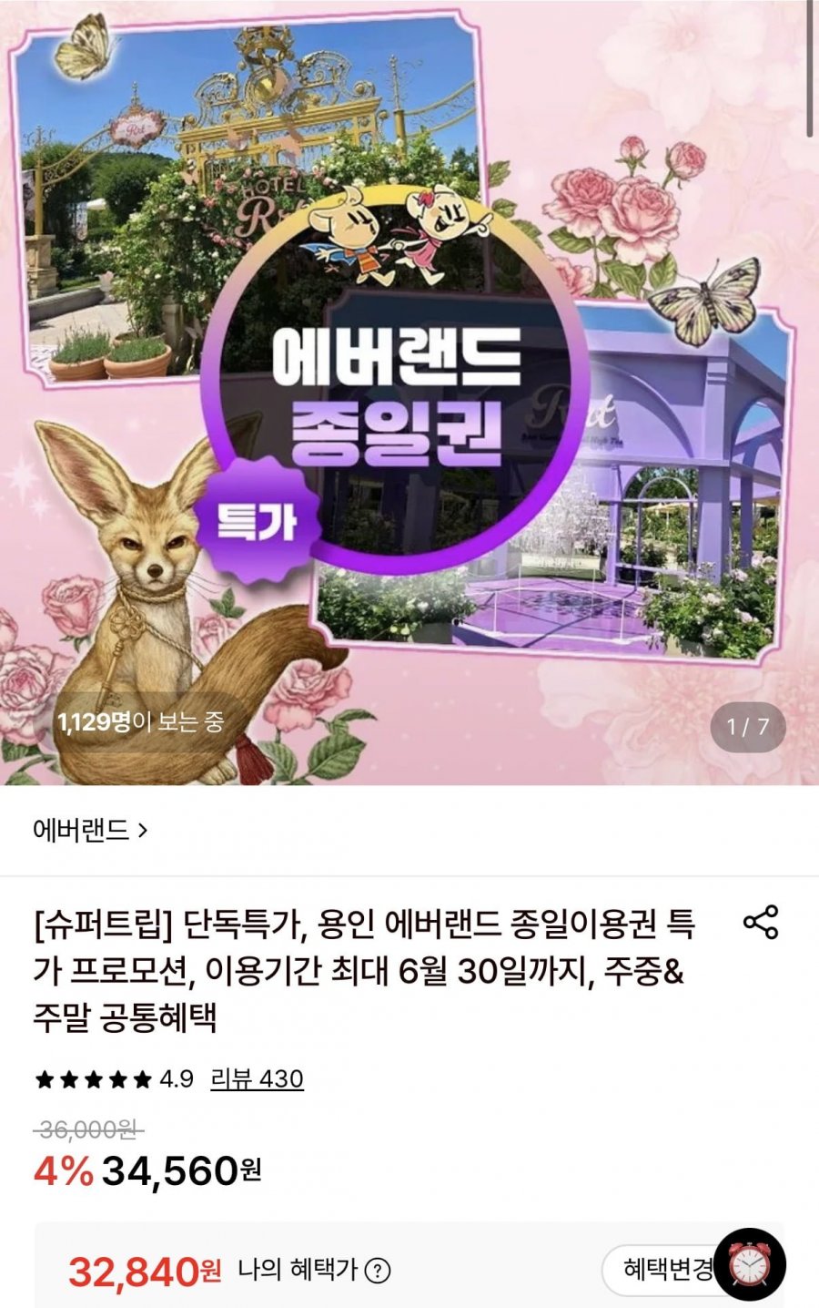 에버랜드 종일이용권 (32,840원/무료)