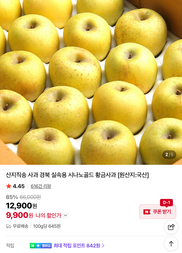산지직송 경북 시나노골드 사과 2kg 9900원