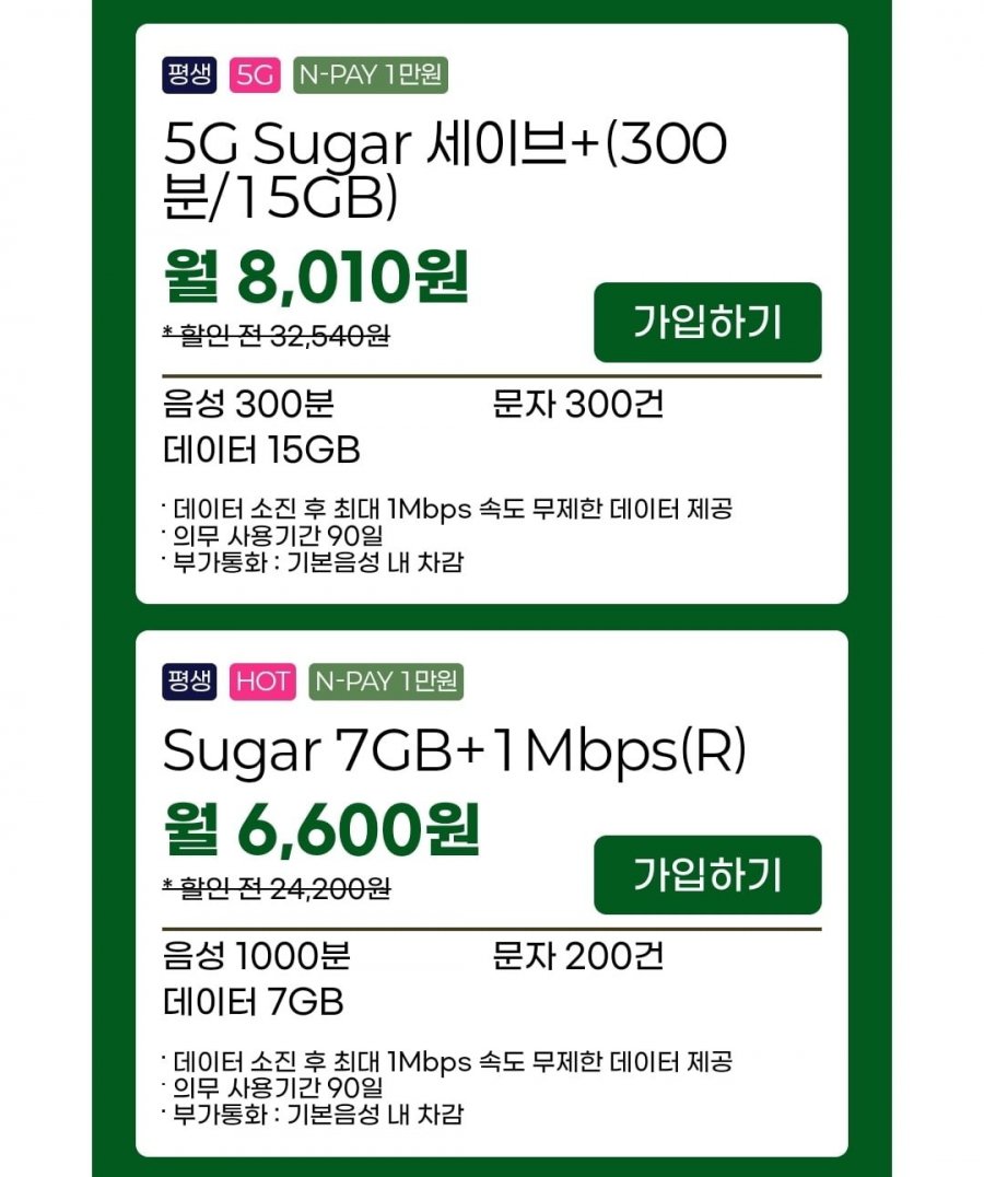 300분, 15GB+1mbps(8,010원/평생)외 1건