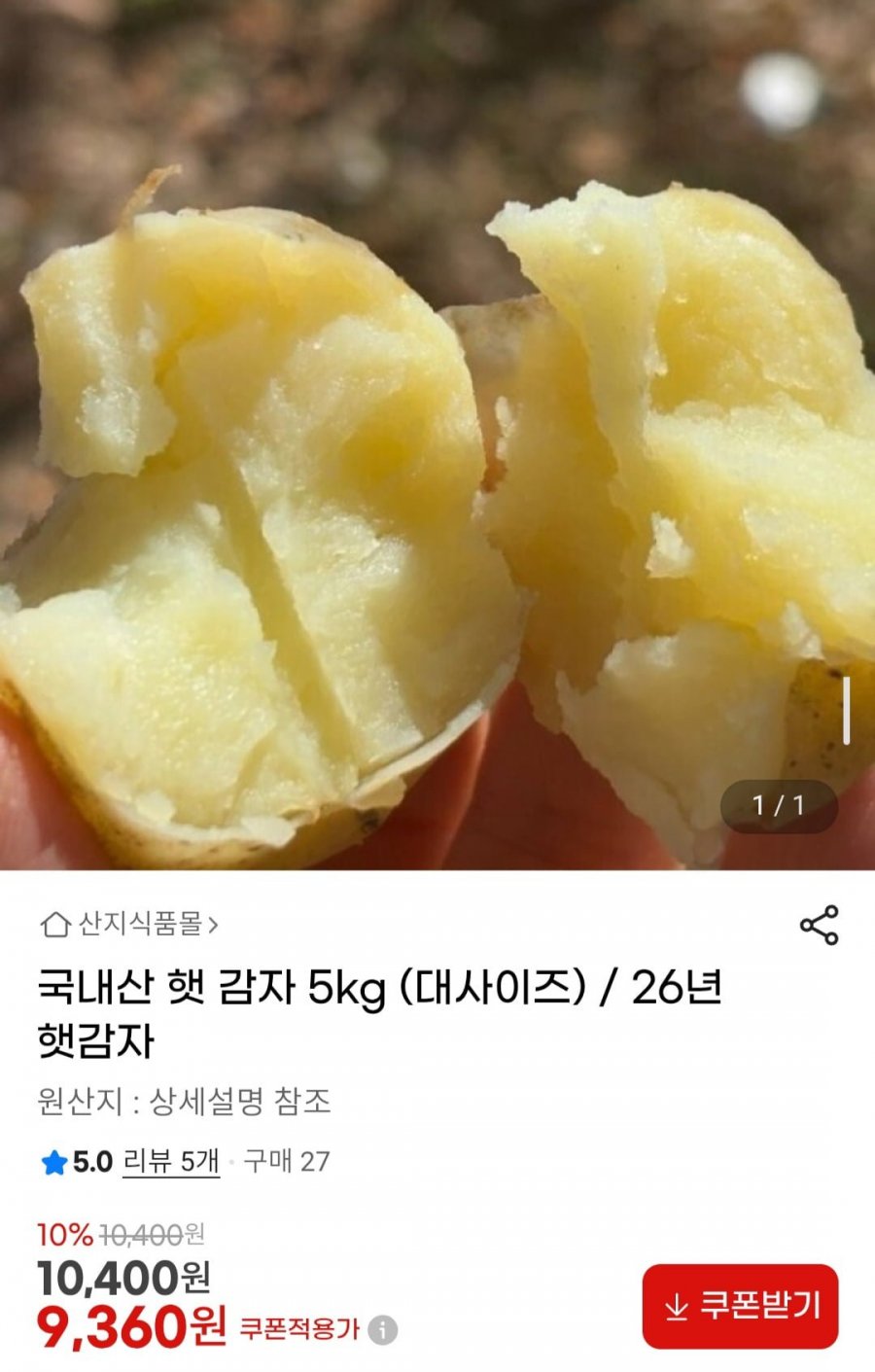 국내산 햇 감자 5kg (대사이즈) (9,360원/무료)
