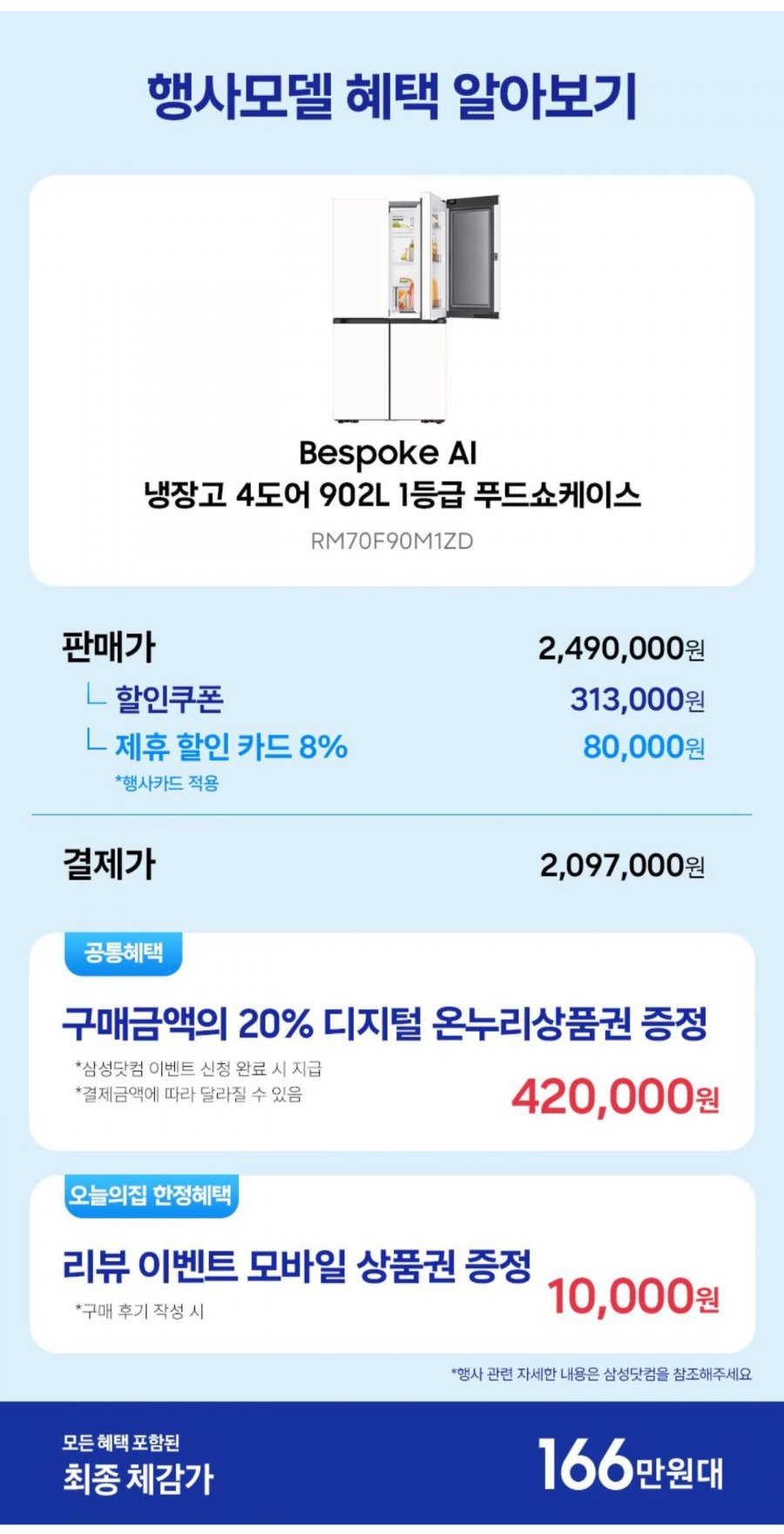 삼성 비스포크 AI 냉장고 4도어 902L 1등급 RM70F90M1ZD (2,097,000원/무료)
