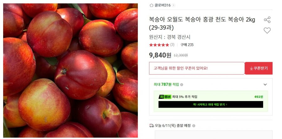 오월도 천도 복숭아 2kg (29-39과) (9,840/무배)