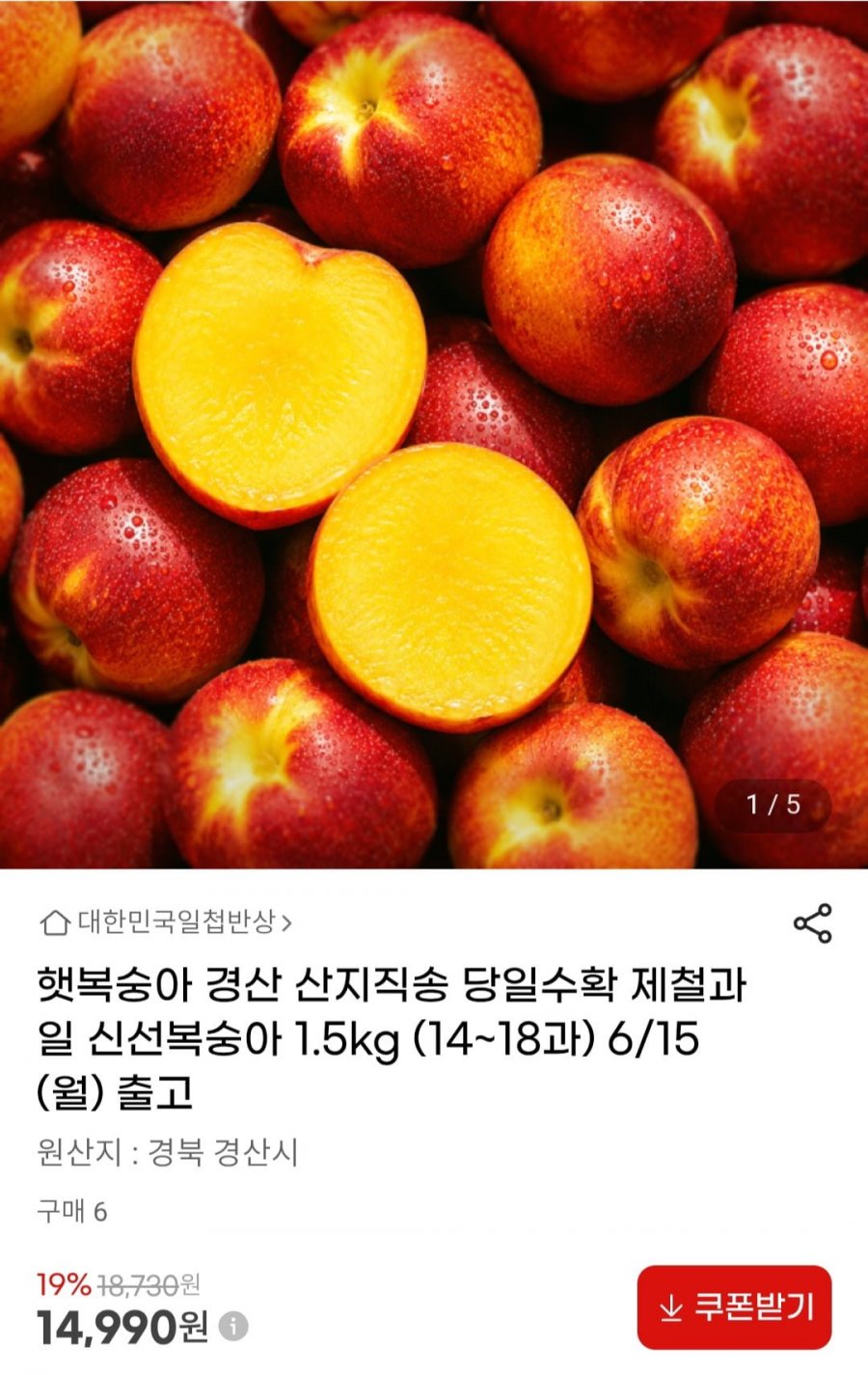 햇복숭아 경산 산지직송 당일수확 신선복숭아 1.5kg (14~18과) (14,990원/무배)