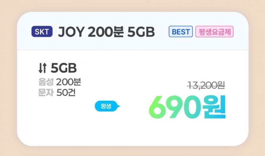 통화 200분, 데이터 5GB(690원/평생)