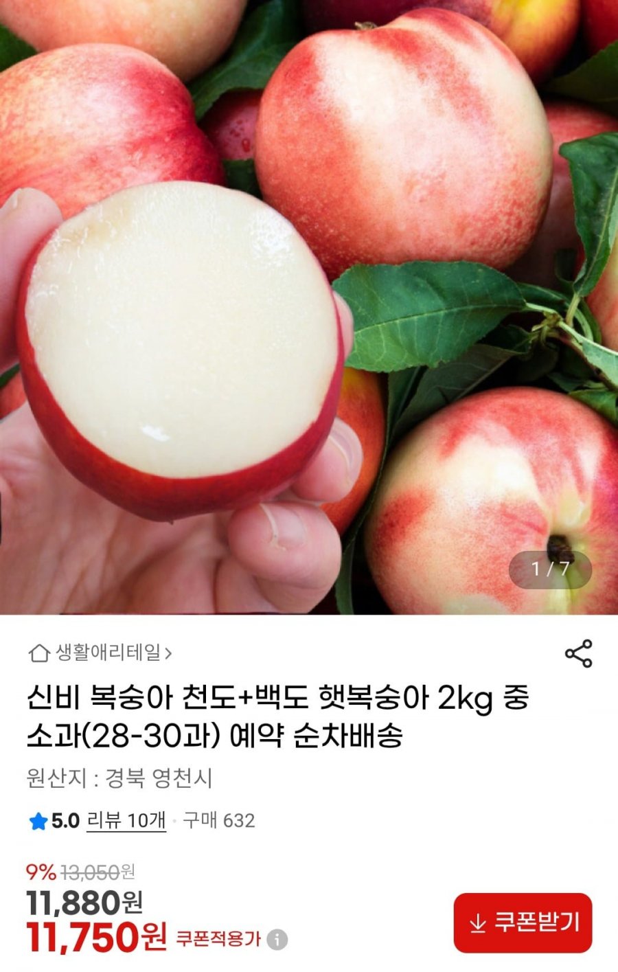 신비 복숭아 천도+백도 햇복숭아 2kg 중소과(28-30과) 예약 순차배송 (11,750원/무배)