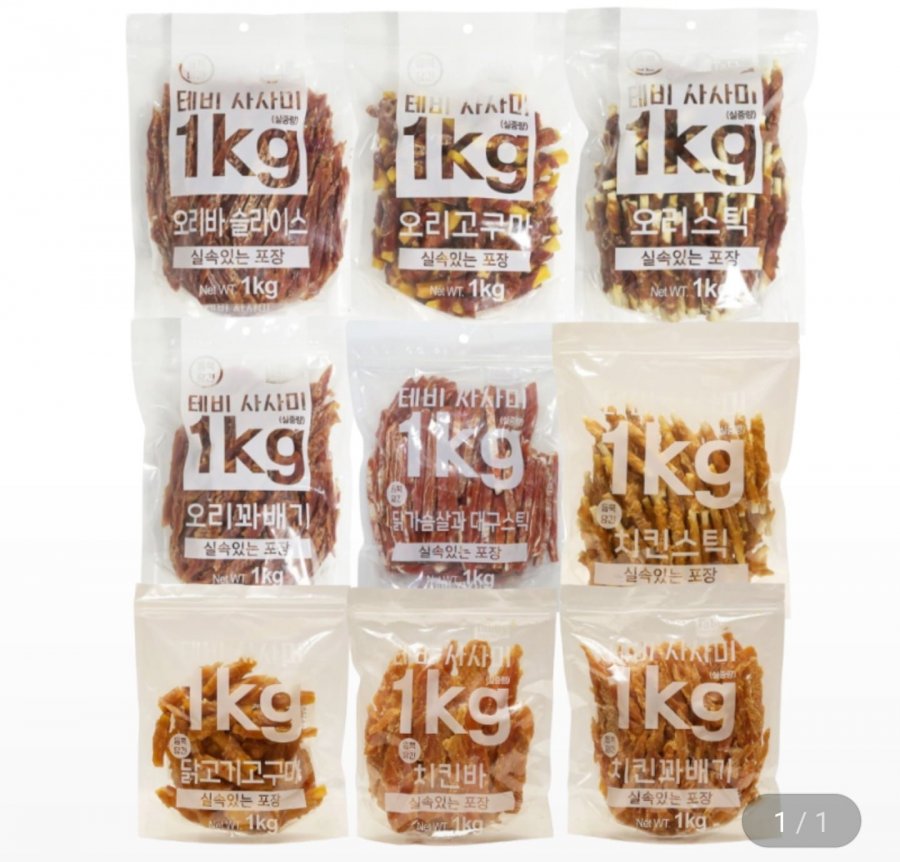 강아지간식 테비 사사미 1kg 치킨스틱 (10,080/3,000원)