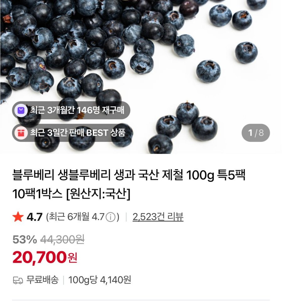 국산 생 블루베리 특 100g 5팩 (20,700원/무료)