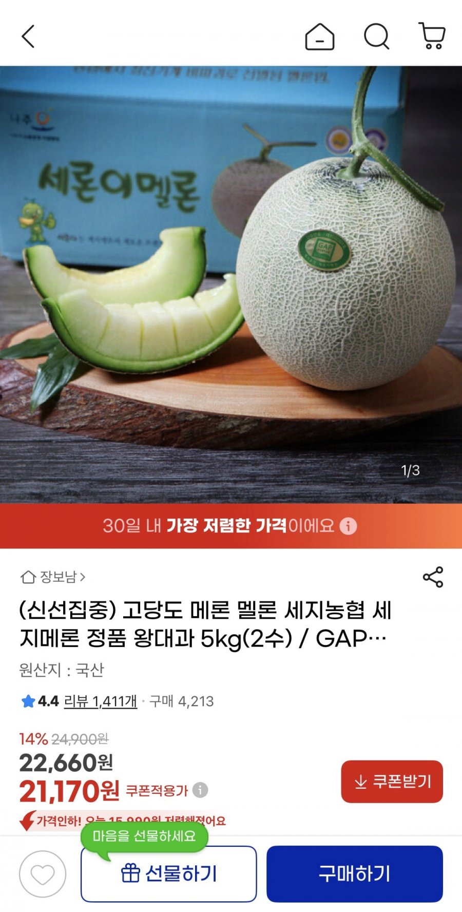 세지메론 정품 왕대과 5kg 2수 (22,660원/무료)