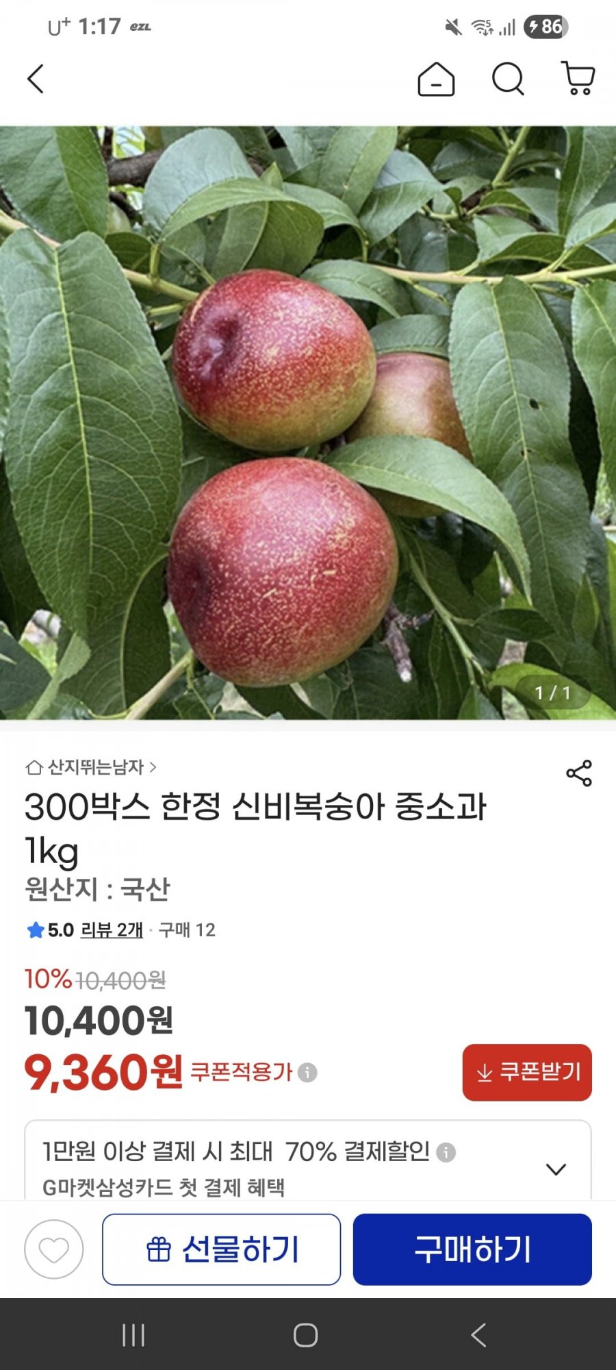 신비복숭아 중소과 1kg (9,360원/무배)
