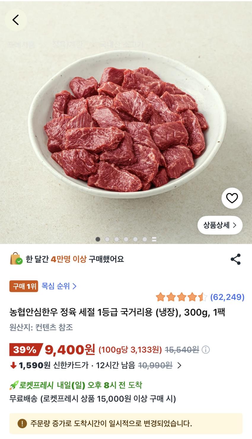 농협안심한우 정육 세절 1등급 국거리용 (냉장) 300g 9,400원