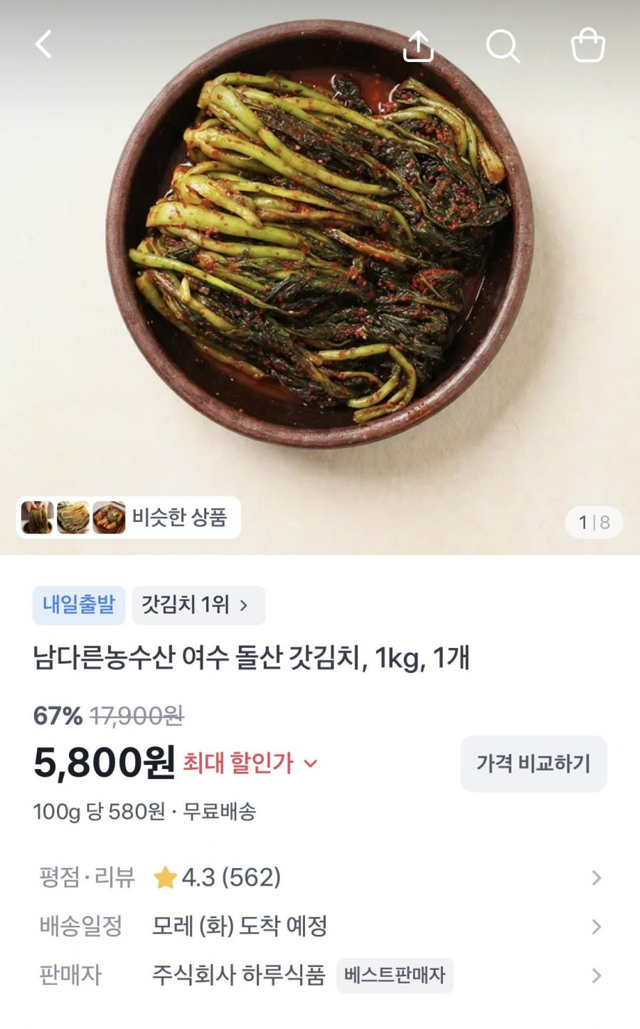 여수 돌산 갓김치 1kg (5,800원 / 무료배송)