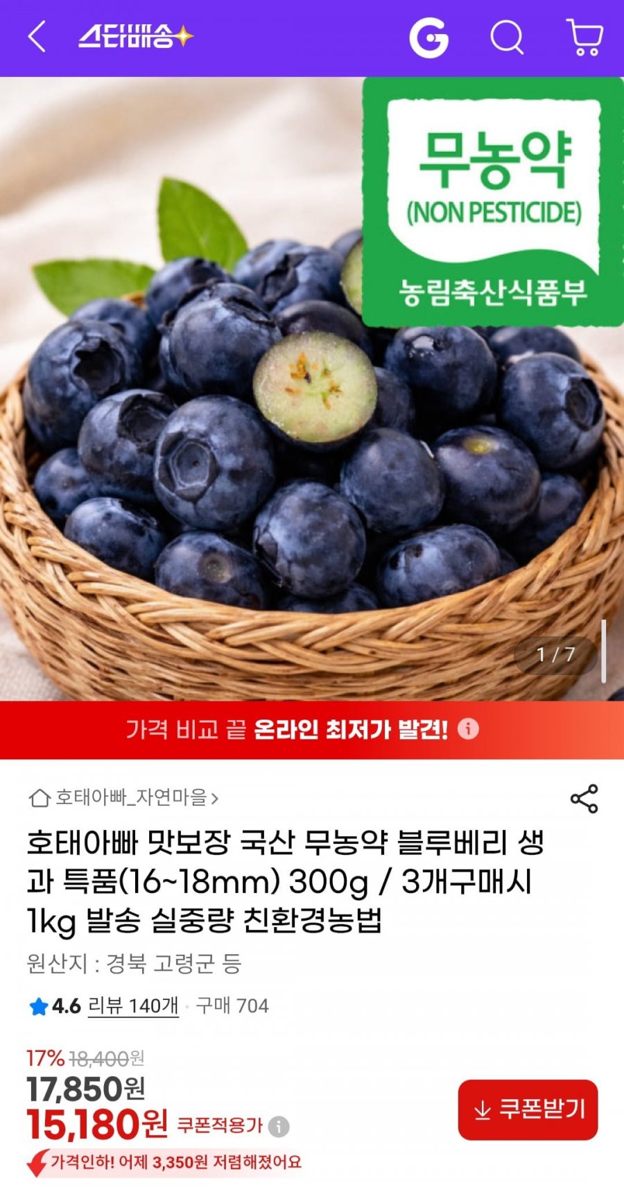 국산 무농약 블루베리 생과 특품(16~18mm) 300g (15,180원/무배)