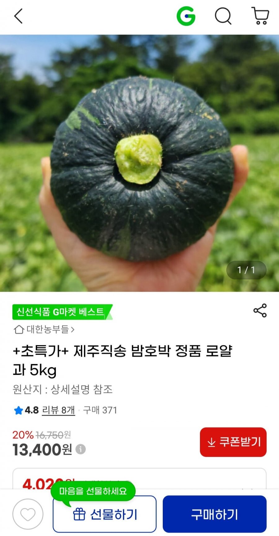 제주직송 밤호박 정품 로얄과 5kg (13,400원/무배)