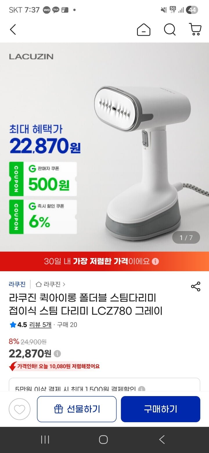 라쿠진 접이식 스팀 다리미 (22,870/무료배송)